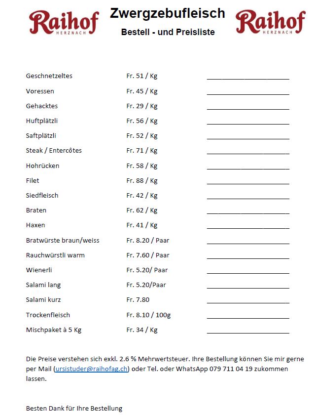 Zebufleisch Preisliste